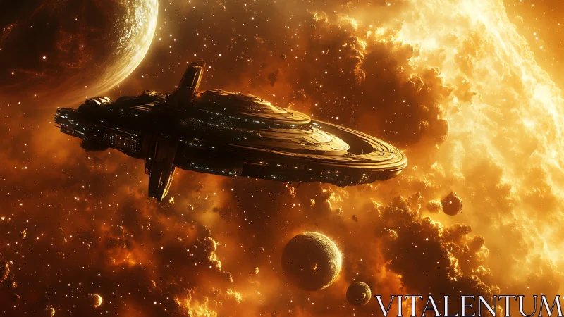 Colossal starship drifting through incandescent nebulae.