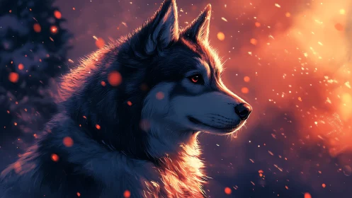 Husky profile amid glowing embers in winter dusk light.