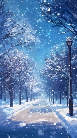 Snowy park pathway glowing softly under a peaceful sky.