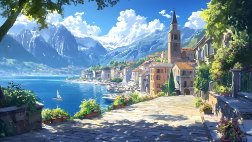 Digital painting of sunlit lakeside village with alpine backdrop.