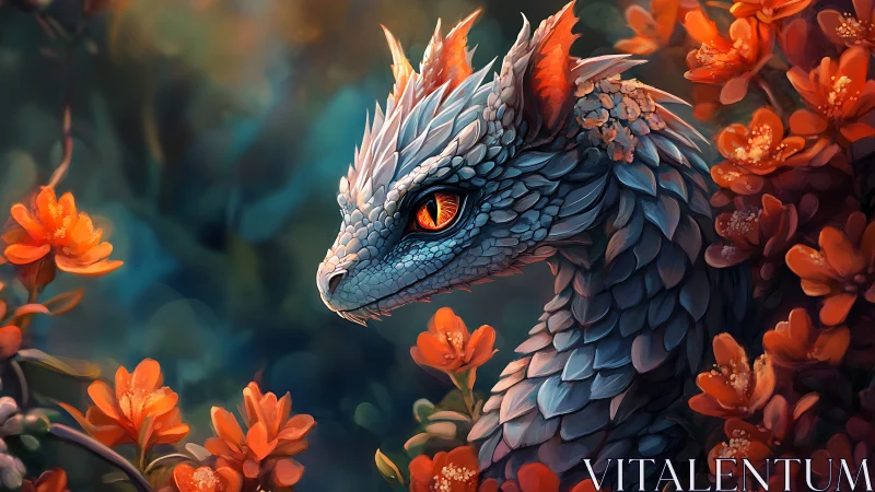 Blue scaled dragon head framed by dense orange flowers