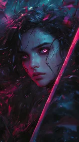 Neon-eyed stormborn warrior bathed in electric dusk light.