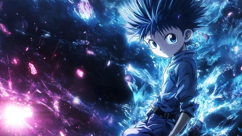 Celestial anime boy isolated against fractured nebula field