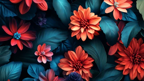 Red and Teal Floral Composition with Dimensional Depth.