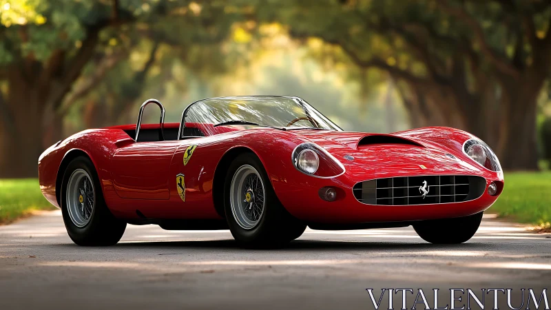 Red classic sports roadster on tree-lined parkway.