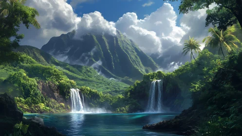 Lush tropical valley with dual waterfalls under towering clouds