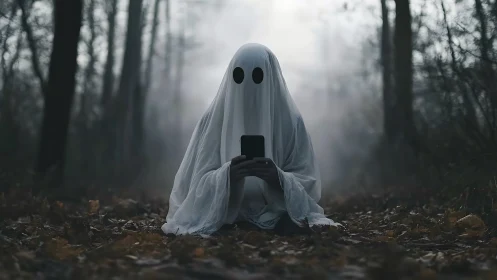 Texting ghost in a foggy forest scrolls through the afterlife.