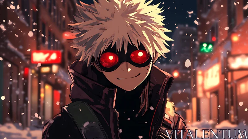 Red-eyed winter street vigilante in neon snowfall portrait.