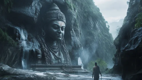 Colossal stone deity carved into misty rainforest gorge.