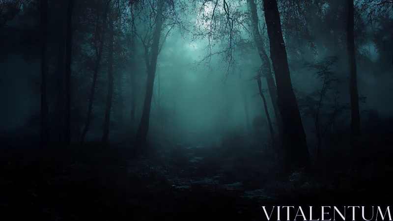 Fog-drenched forest path recedes into eerie teal darkness