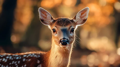 Gentle young fawn glows in soft golden forest light.