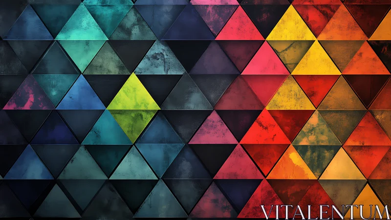 Geometric triangle wall blends cool teal shadows with fiery warmth