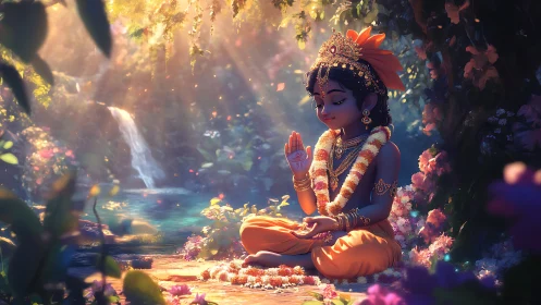 Radiant child deity resting in a glowing forest sanctuary.