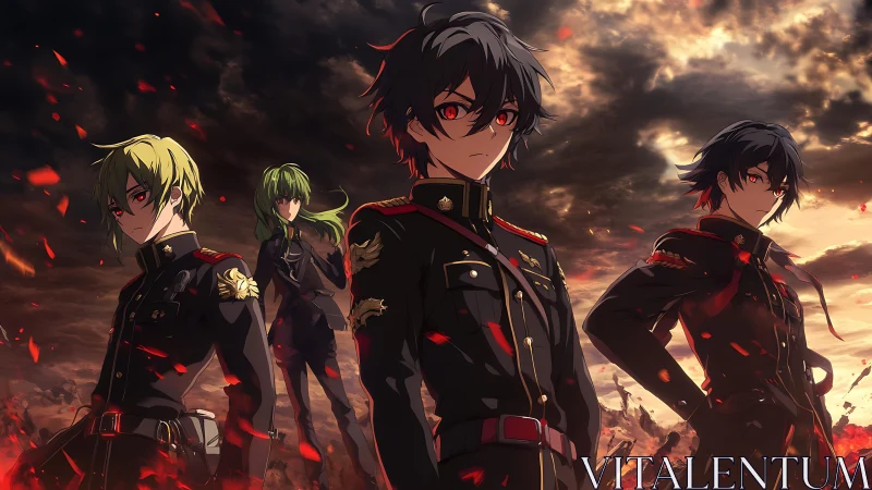 Four uniformed anime soldiers in burning battlefield landscape.