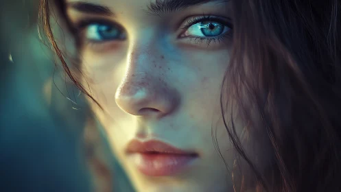 Close-up of freckled face with shallow depth and teal grading