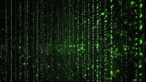 Glowing green code streams simulate immersive cyber data flow