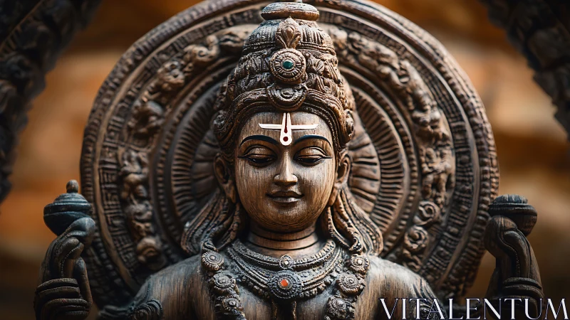 Sacred wooden deity portrait carved in serene stillness.