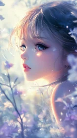 Softly lit anime girl among pale glowing flowers.