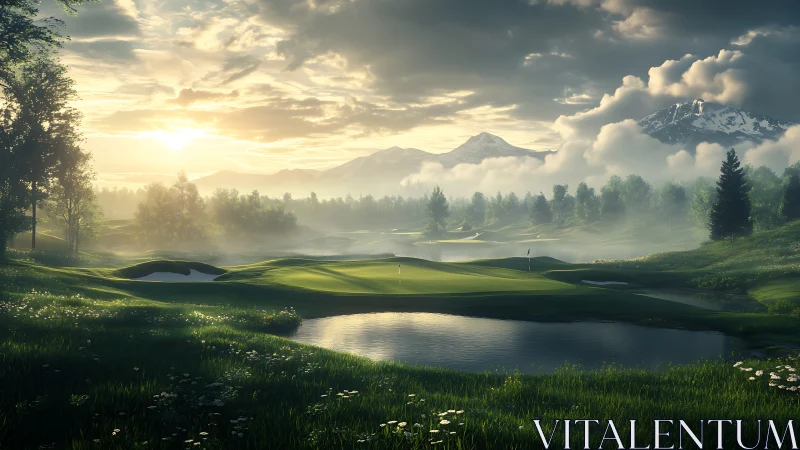 Mountain golf course at sunrise over misty fairways.