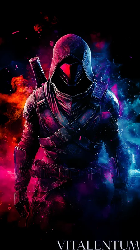 Hooded cyber assassin stands in neon bifurcated chromatic haze