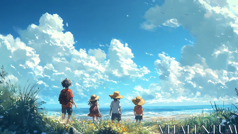 Four children stand on coastal grassland facing the sea