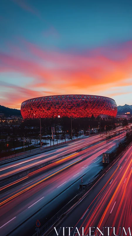 Illuminated stadium glows over highway traffic at sunset