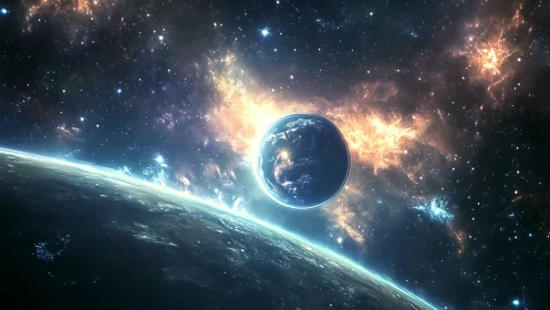 Planetary body above horizon with dense starfield backdrop.