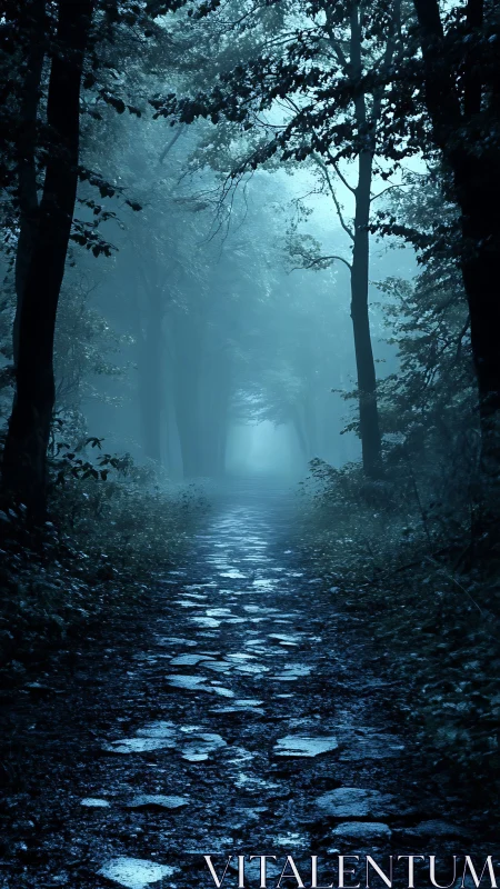 Misty forest pathway bathed in ethereal blue light.