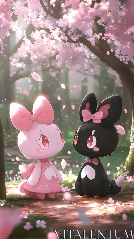Cartoon rabbit characters beneath blooming cherry trees.