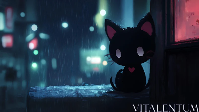 Cartoon black cat on city windowsill in nighttime rain.
