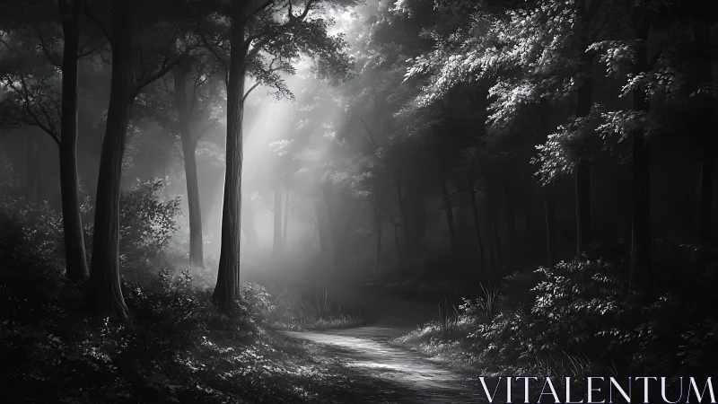Mystical Forest Path Through Morning Mist.