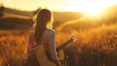 Person with acoustic guitar stands in backlit rural field at sunset