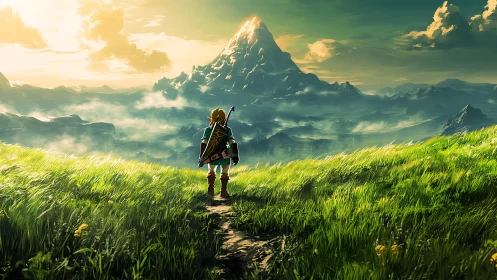 Figure on grassy hill facing distant central mountain peak.