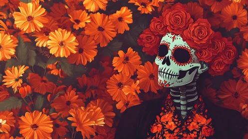 Floral sugar skull rests in marigolds with warm festive glow