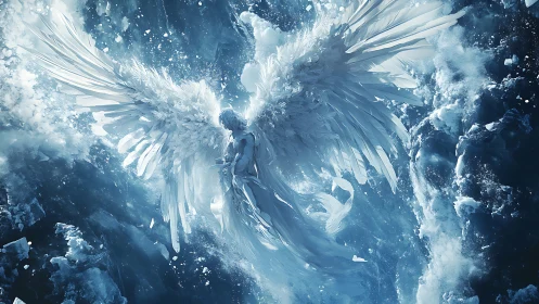 Majestic ice-born angel ascends in a swirling frozen sky.