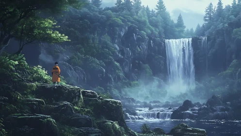 Wandering cloaked traveler studies the mist-wrapped cascade