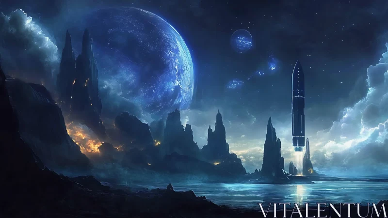 Starship ascends from alien coast under vast electric skies