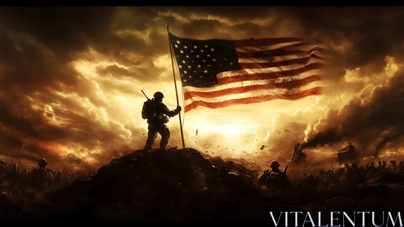 Storm-lit battlefield with a resilient flag of resolve.