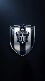 Chrome heraldic shield emblem on deep black background.