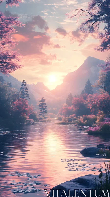 Sunrise river dreaming under cotton candy mountain skies.