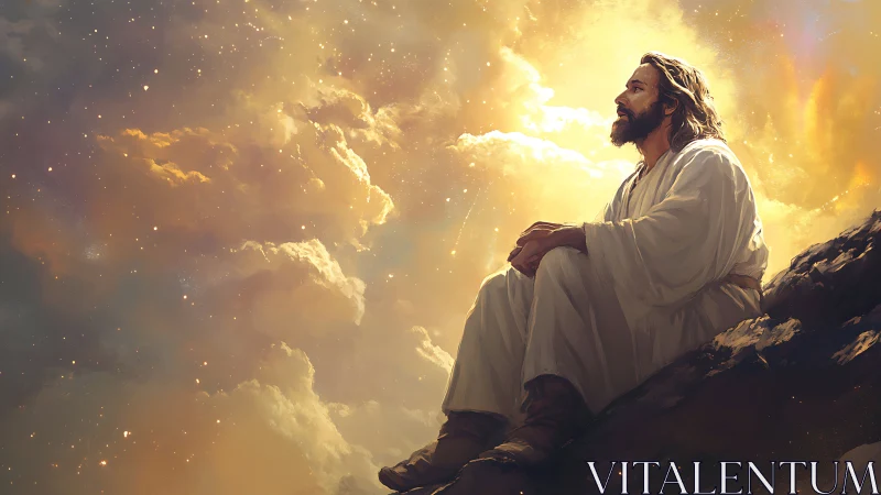 Man in white robe seated on rocky ledge under glowing sky.