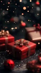 Red Christmas gift boxes with golden ribbons and bokeh glow.