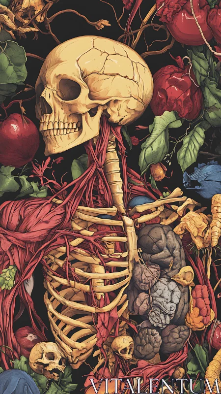 Botanical bones and crimson veins in lush decay bloom.