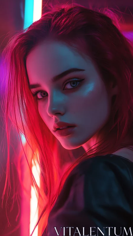 Neon side-lit portrait isolates red-haired subject in shallow focus