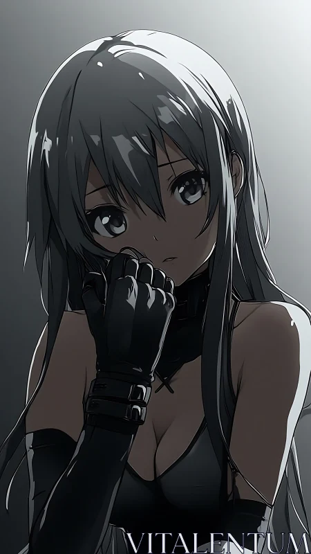 Soft shadowed gaze of a silver haired anime girl.