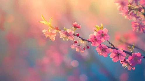 Pink Cherry Blossoms on Branch with Selective Focus Technique