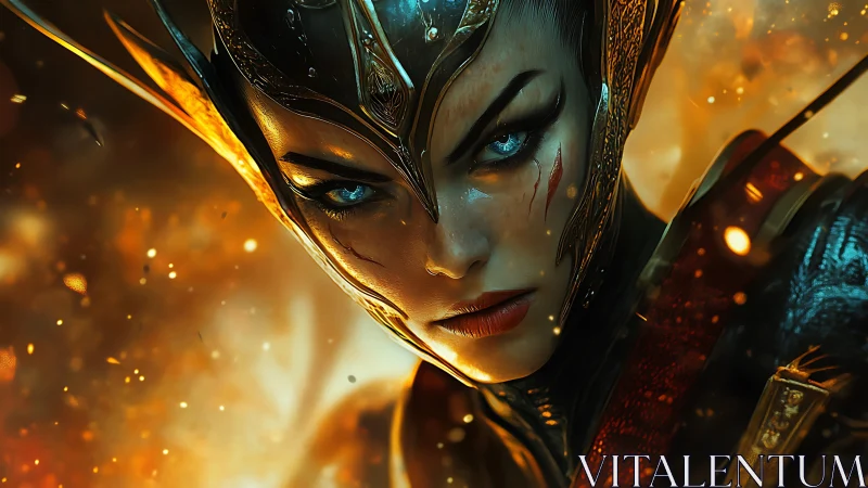 Intense female warrior with glowing eyes in battle fire
