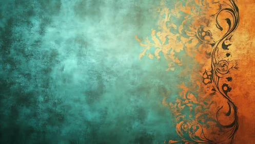 Teal to copper gradient wall with distressed floral ornament band