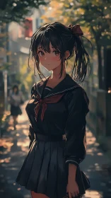 Autumn-lit schoolgirl portrait in soft urban backstreet.