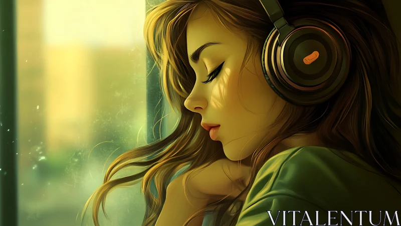 Warm backlight profiles girl with headphones in digital portrait